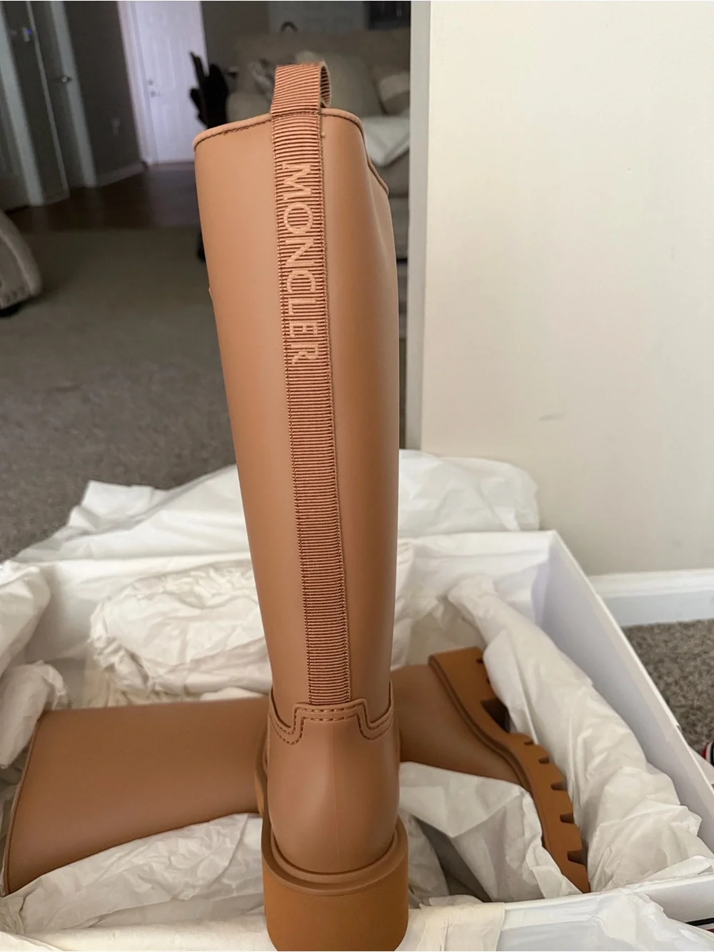 Moncler Tall Logo Rain Boots in Cognac
